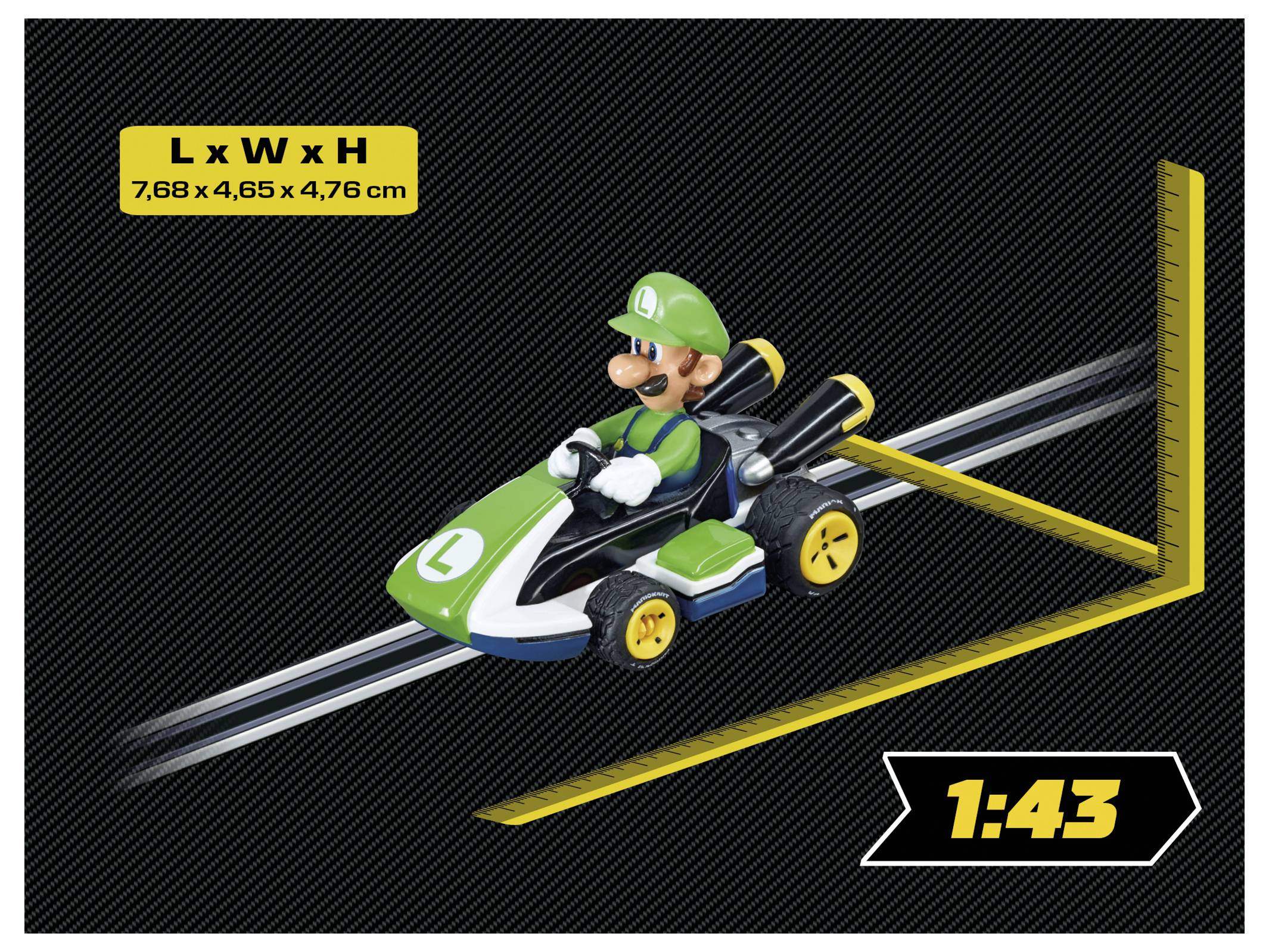 "Luigi v zeleném závodním autě." Rozměry: 7,68 x 4,65 x 4,76 cm. Měřítko: 1:43. Tmavé pozadí s diagonálním textem.