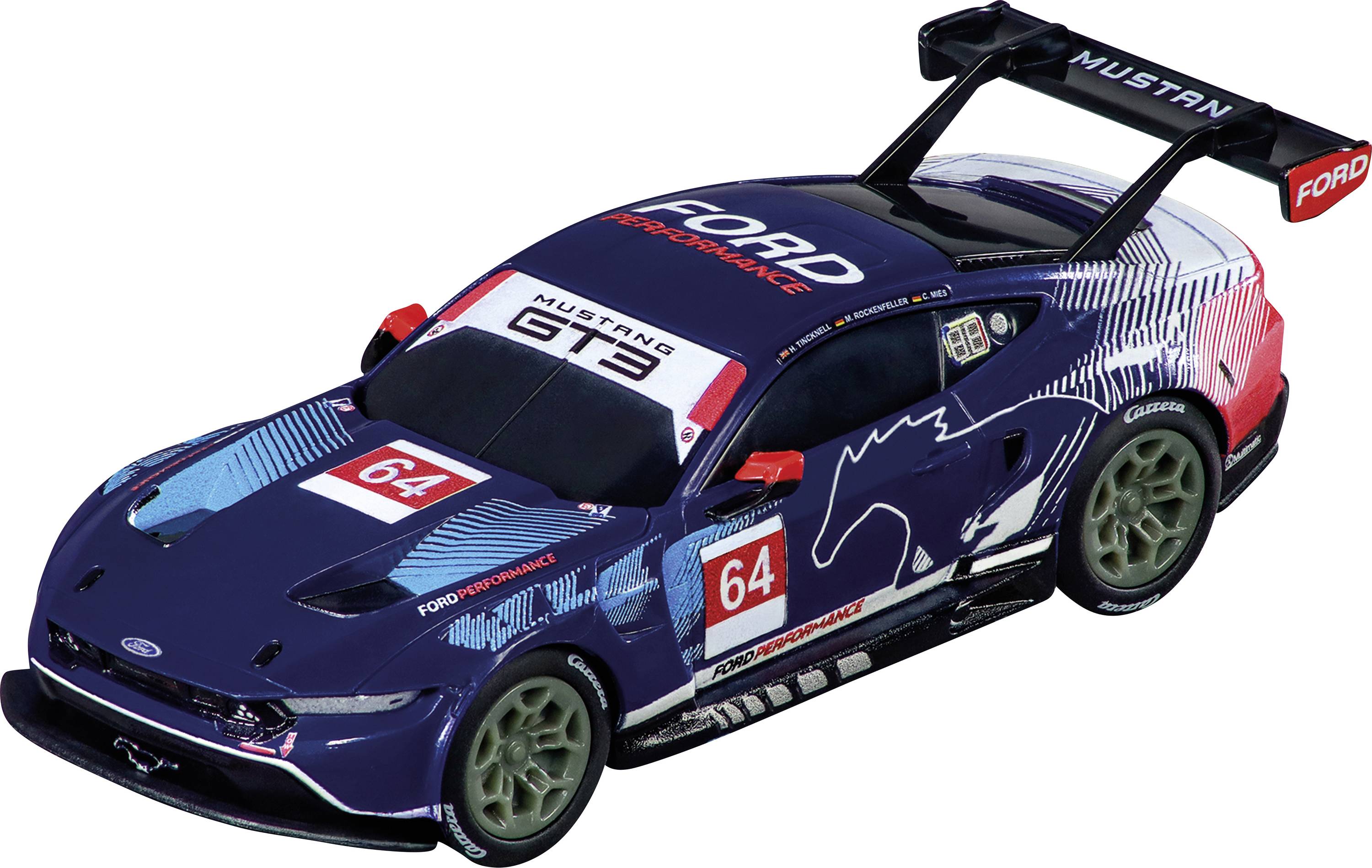 Závodní vůz s označením 'Ford Performance', označený číslem 64, který vykazuje sportovní design a výrazné červené, bílé a modré barvy.
