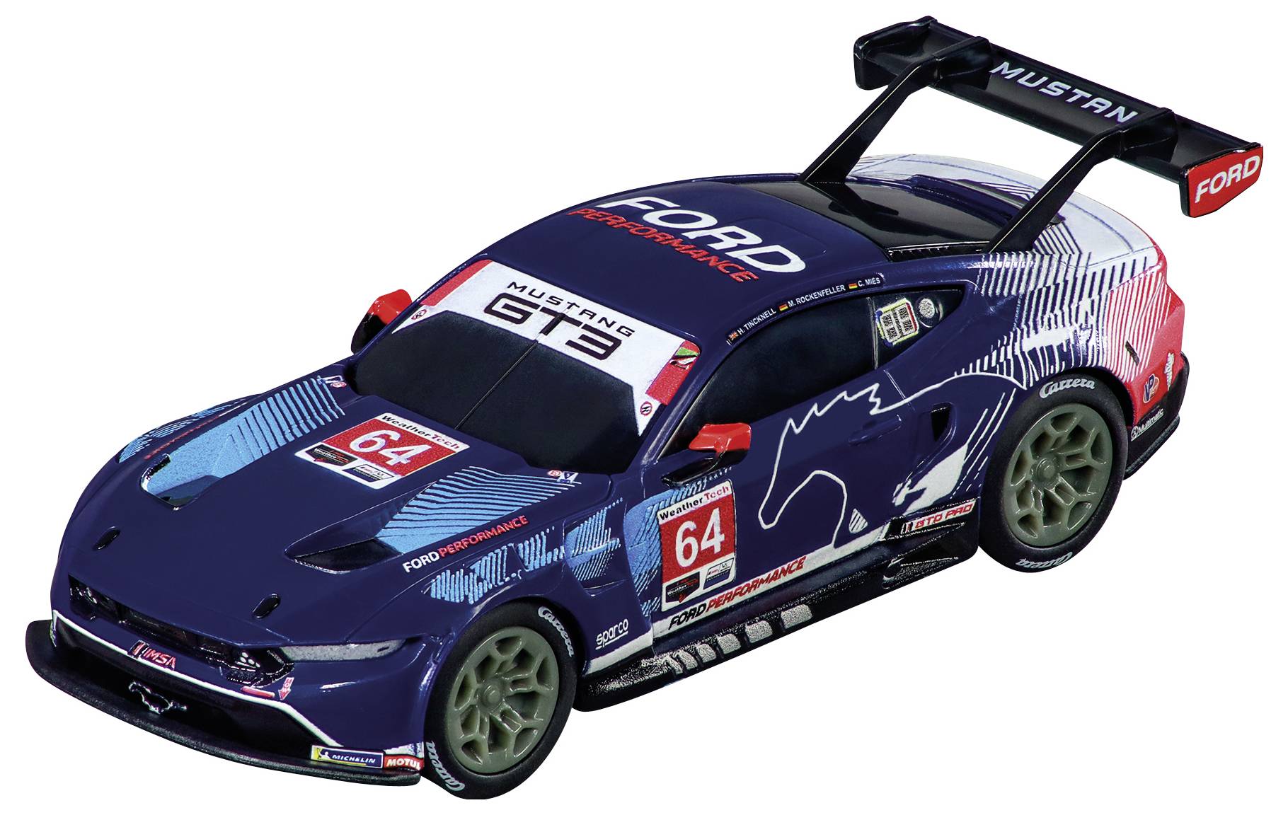 Model závodního vozu Ford Mustang GT3 s modro-červeným designem, s číslem '64' umístěným na bocích a střeše, vybavený velkým zadním křídlem.
