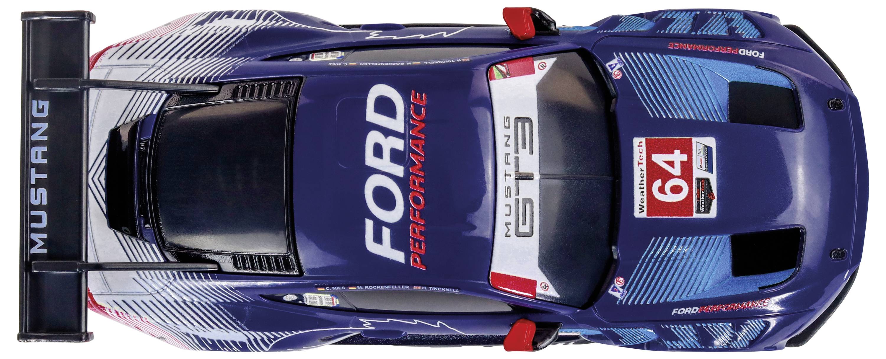 Závodní automobil 'Ford Performance' pohledem shora, s designem v modré, červené a bílé barvě. Číslo 64 zobrazené na kapotě.