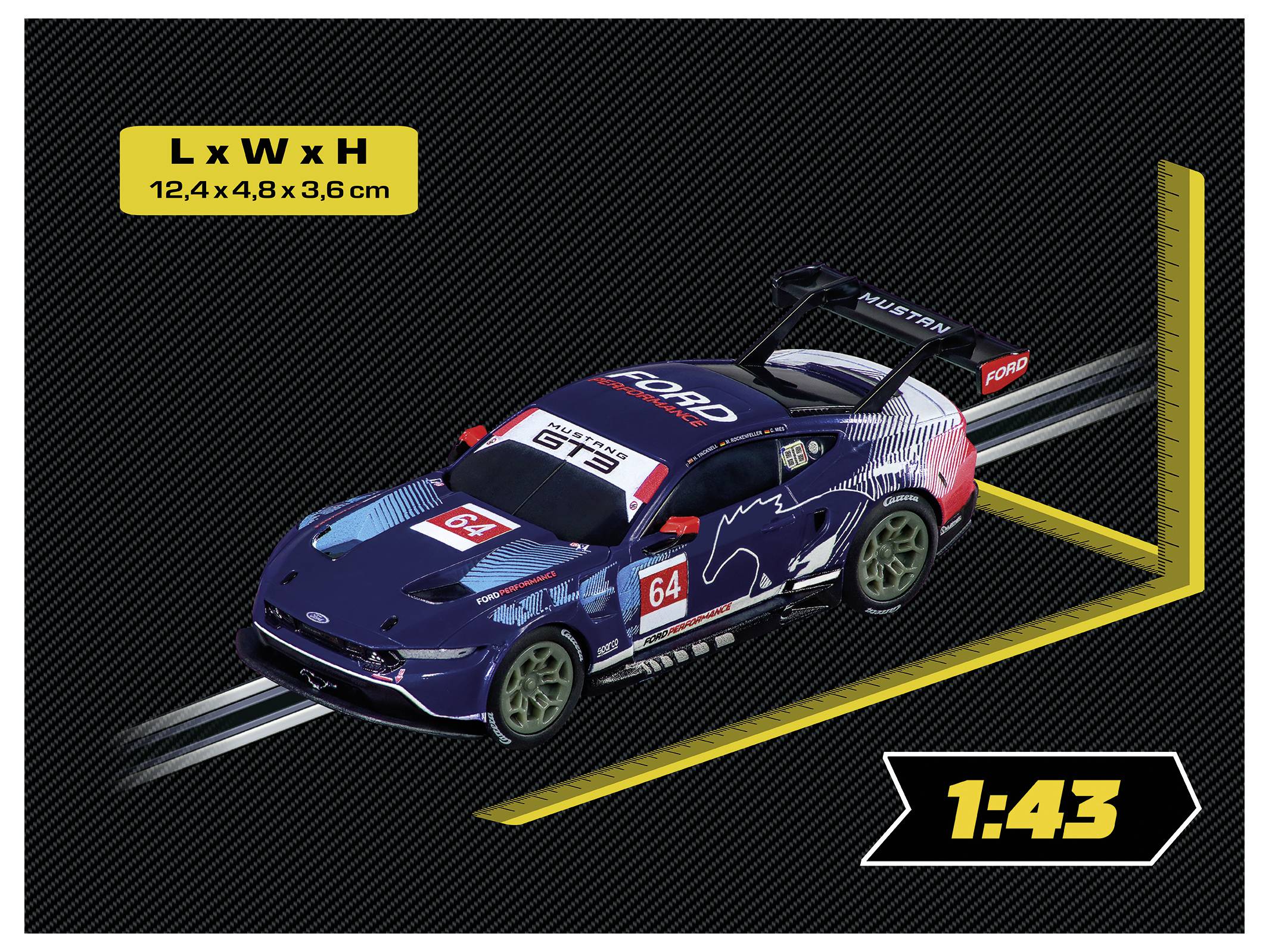 Model závodního automobilu označený jako 'GT3' s červeným číslem '64' na texturované trati. Rozměry: 12,4 x 4,8 x 3,6 cm. Měřítko: 1:43.