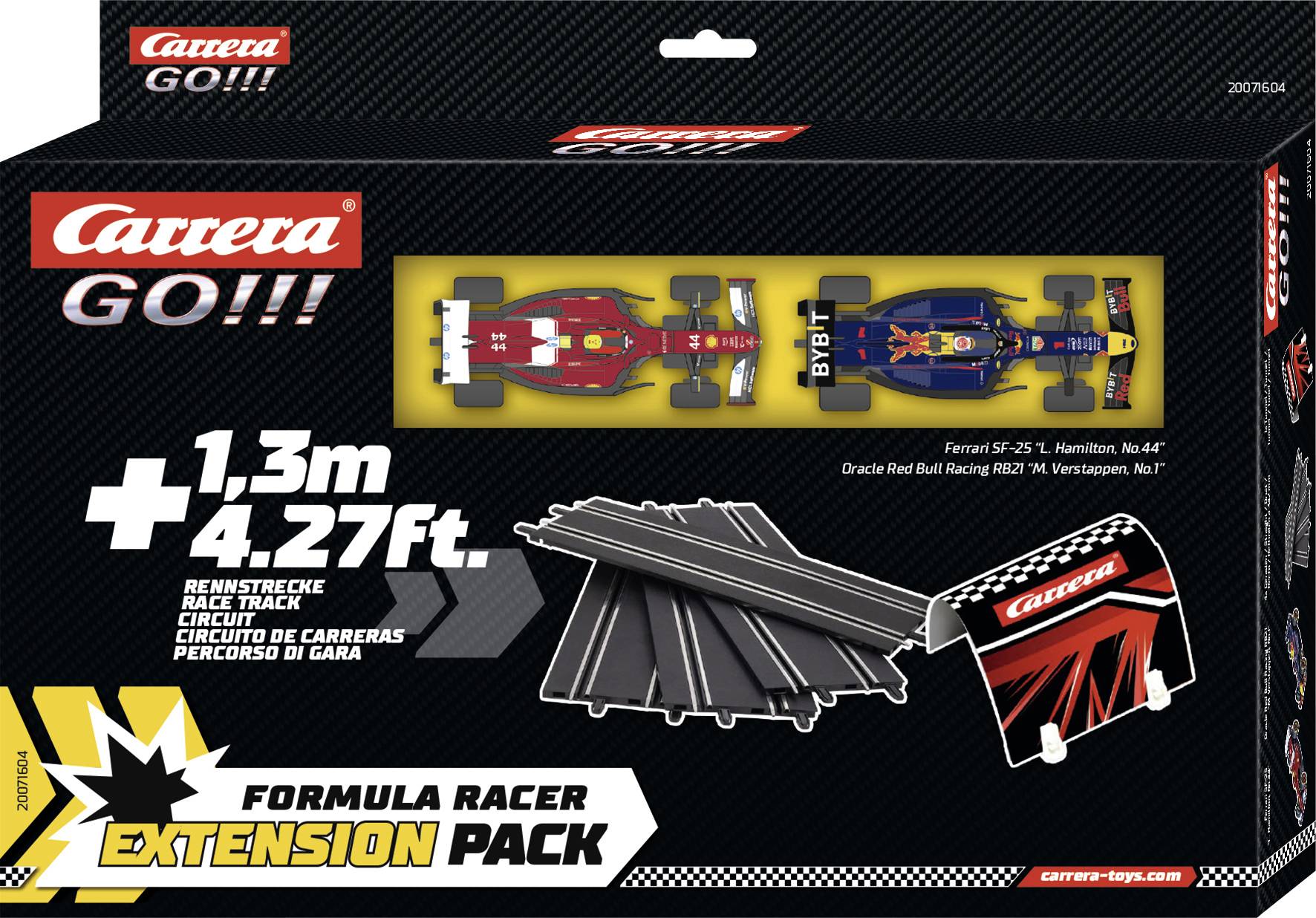 Rozšiřující sada Carrera GO!!! Formula Racer s krabicí zobrazující červené a modré závodní autíčka, další díly tratě a podrobnosti balení v několika jazycích.