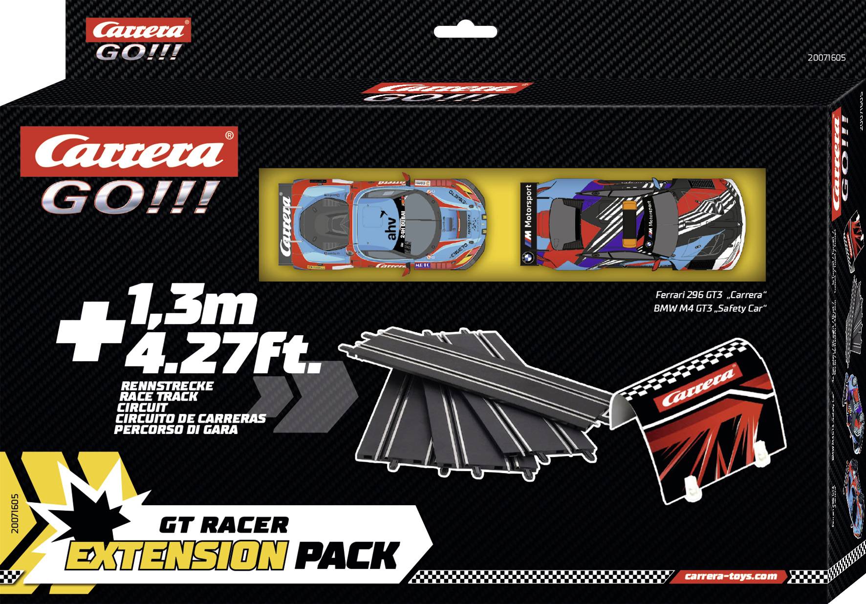 Rozšiřující sada 'GT Racer' s krabicí zobrazující závodní trať, dva závodní vozy a díly tratě. Text uvádí '1,3 m / 4,27 ft'.