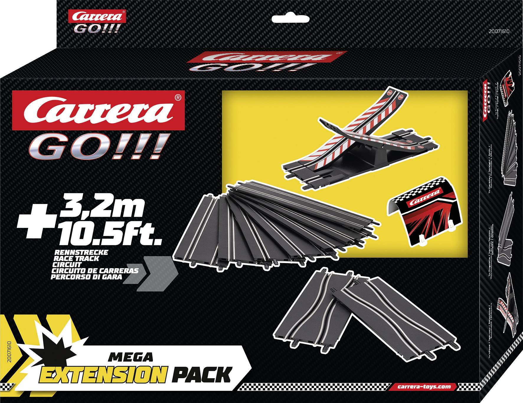 "Carrera GO!!! Mega rozšiřující balení", obsahující 3,2 metru tratě a příslušenství pro slotové autíčka v barvitém designu obalu.