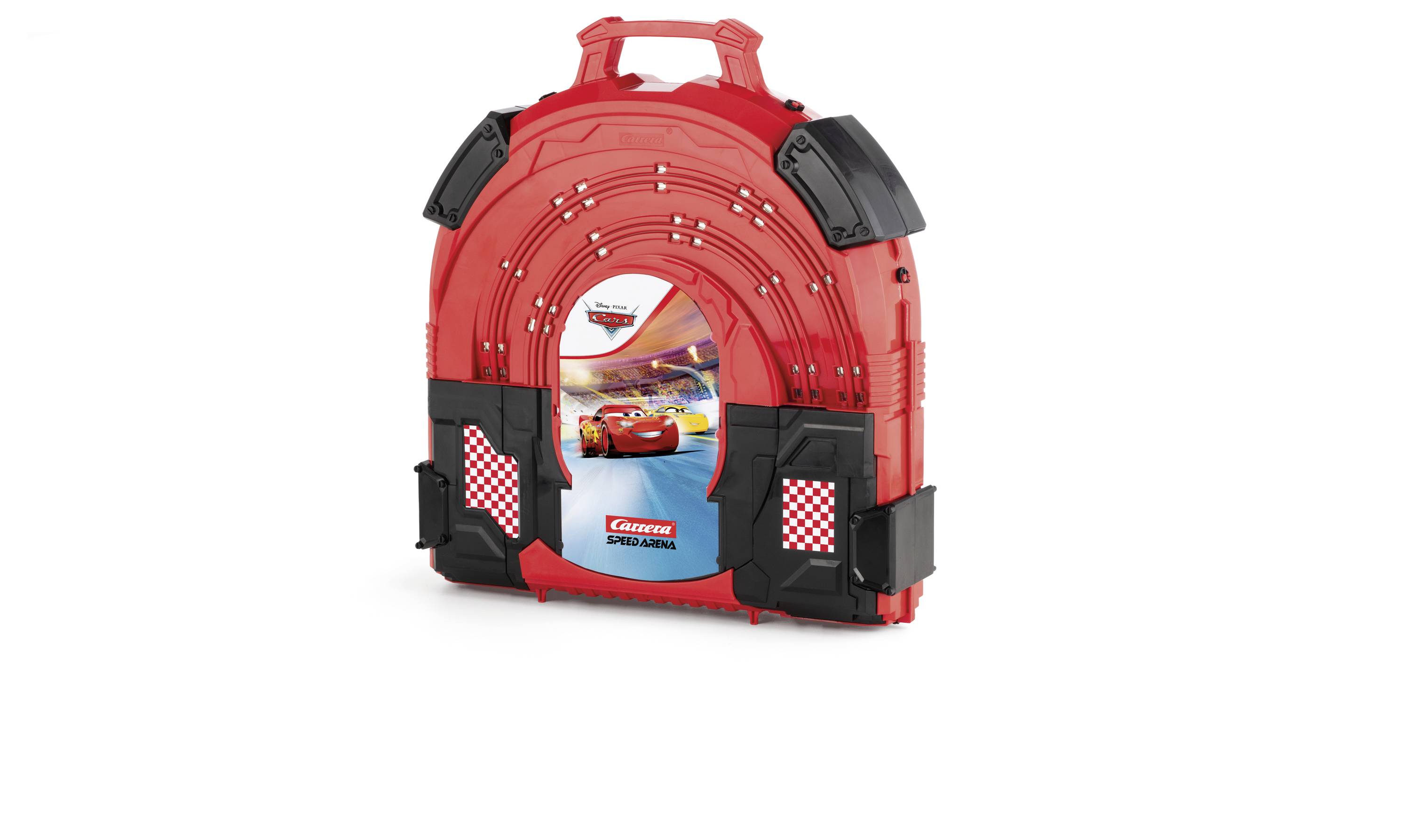 Červený kufřík na hračky s motivem 'Cars', na jehož obalu je zobrazen Lightning McQueen.