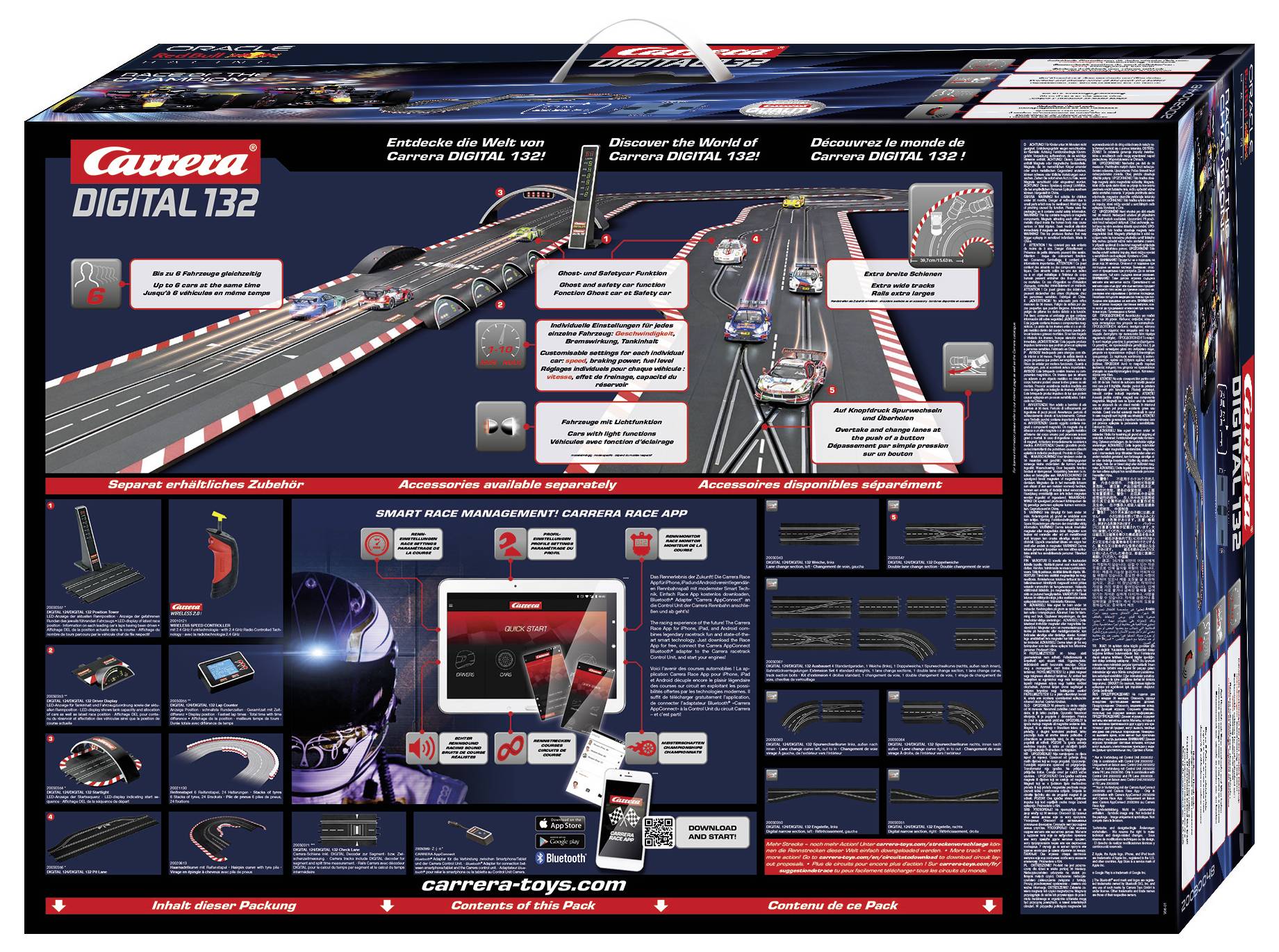 Sada 'Carrera Digital 132' zobrazující rozvržení závodní dráhy, vlastnosti vozidel a součásti příslušenství. Zobrazeny jsou návody a informace o aplikaci.