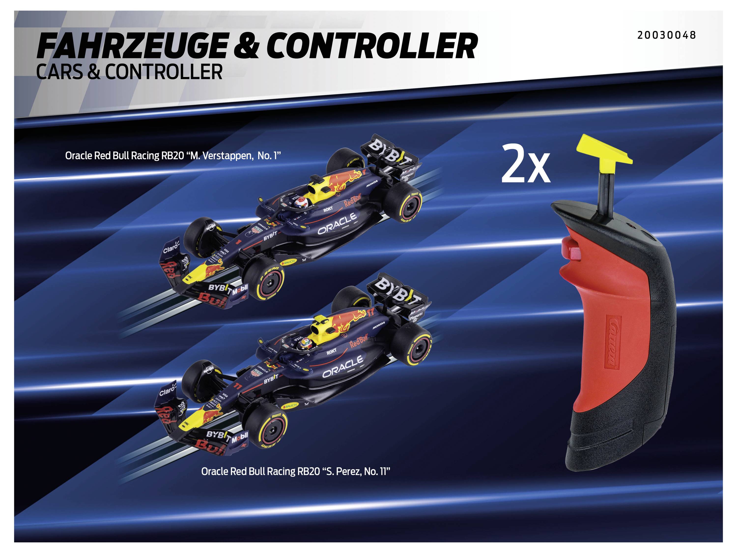 'Vozidla & Ovladač' obrázek zobrazuje dva vozy Oracle Red Bull Racing RB20 a závodní ovladač. Texty: 'Verstappen, č. 1', 'Perez, č. 11', '2x'.