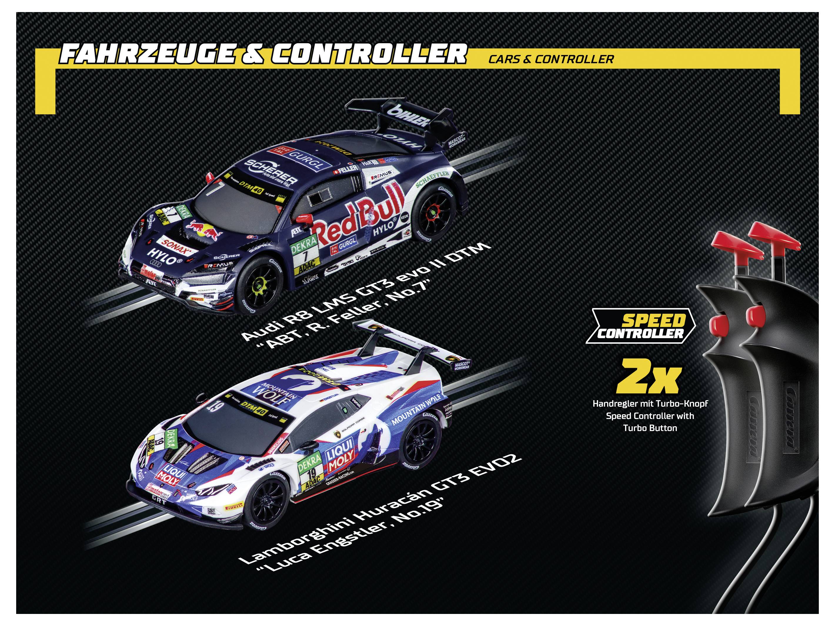 VOZIDLA & OVLADAČE AUTA & OVLADAČE<br><br>Dva modelové závodní vozy označené 'Audi R8 LMS GT3 Evo II GTM' a 'Lamborghini Huracán GT3 EVO2'; součástí dodávky je ovladač rychlosti.