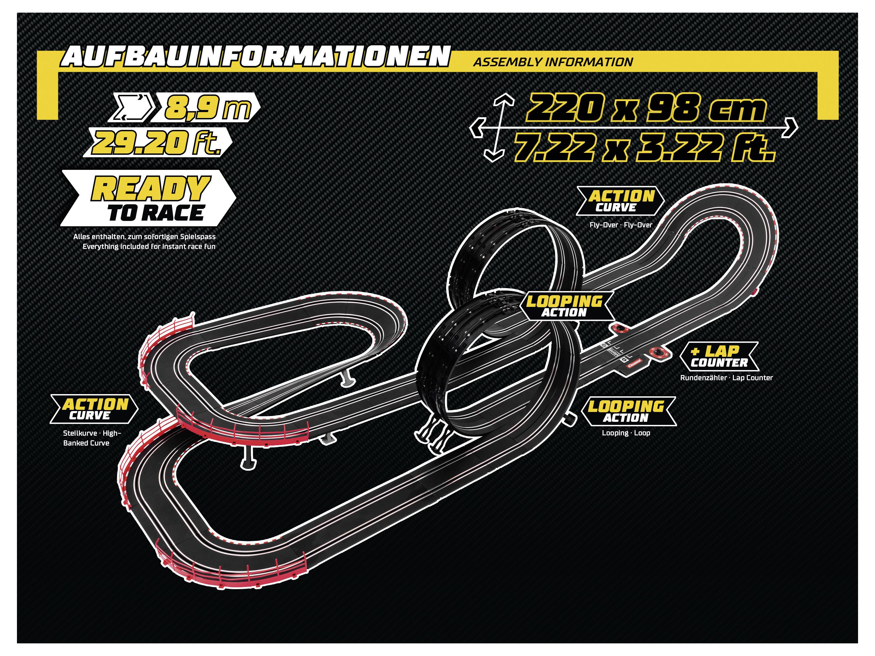 "Informace o montáži" diagram znázorňující rozložení závodní dráhy s rozměry: 220 x 98 cm (7,22 x 3,22 ft), délka 8,9 m (29,20 ft). Dráhy vykazují smyčkové pohyby a zatáčky.