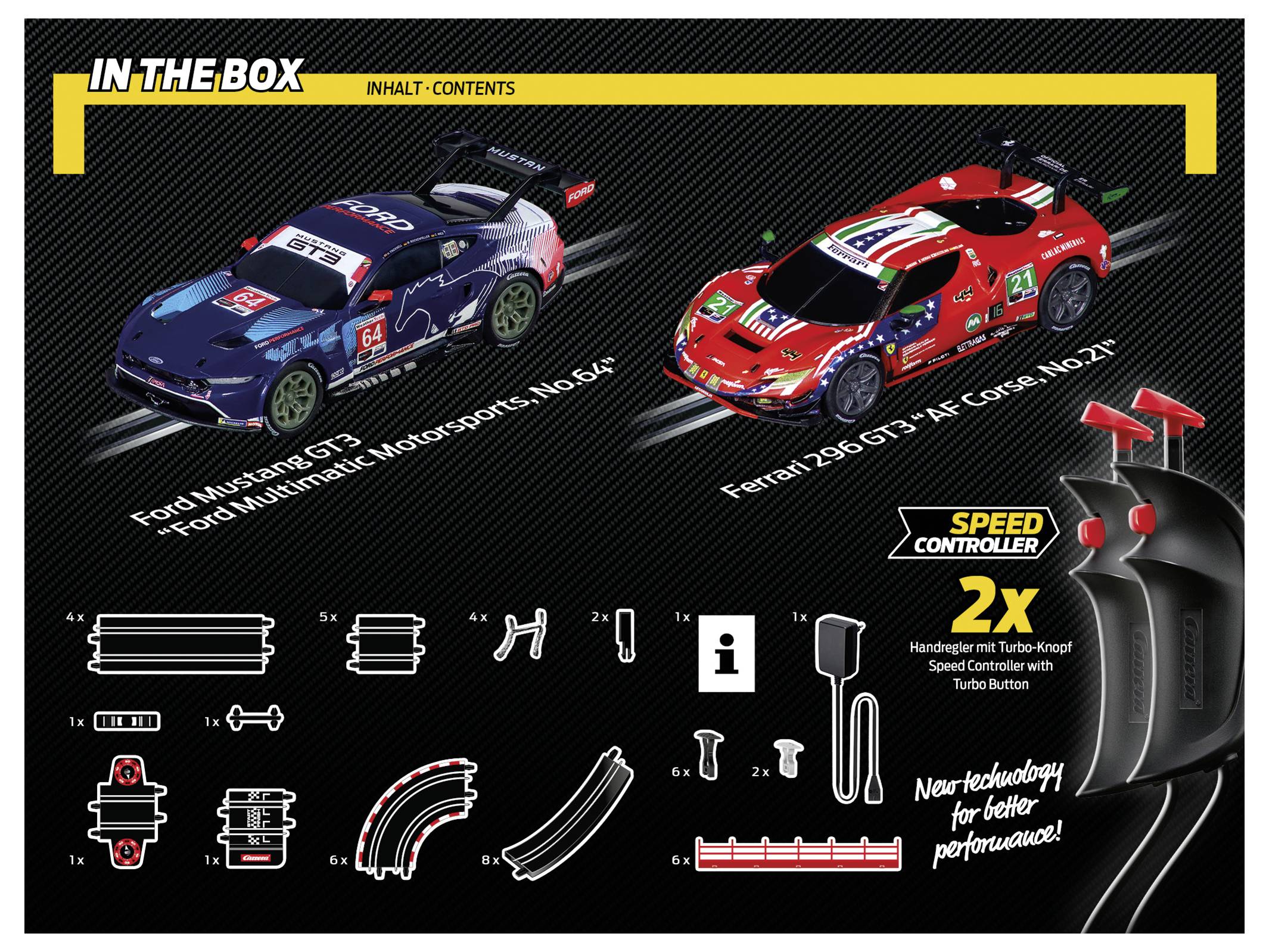 Obsah balení: Dva modelové vozy, Ford Mustang GT3 'č. 64' a Ferrari 296 GT3 'č. 22'. Obsahuje díly tratě a regulátor rychlosti.