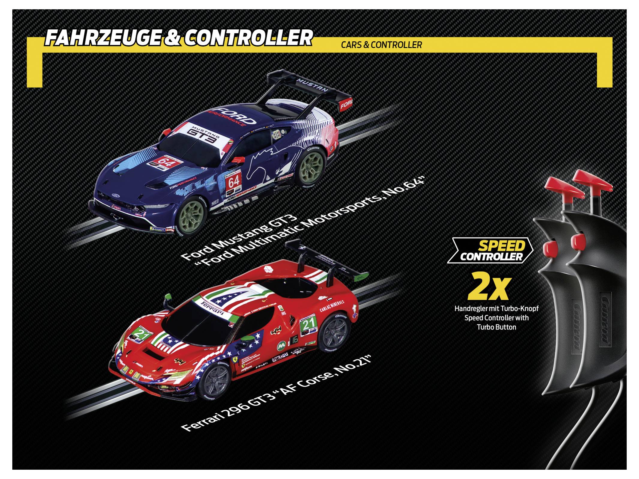 "VOZIDLA A OVLADAČE - AUTOMOBILY A OVLADAČE" znázorňuje modely Ford Mustang GT3 a Ferrari 296 GT3 s regulátory rychlosti, zvýrazňující 2x ruční ovladač a funkci turbo tlačítka.