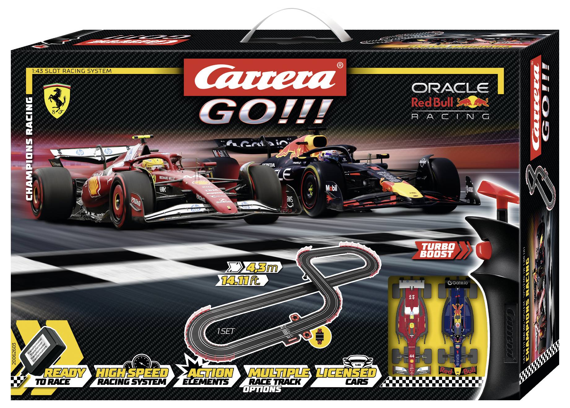 'Carrera GO!!! Champions Racing Set' sada závodních modelů obsahující dva závodní vozy: Ferrari a Red Bull. Sada zahrnuje trať, vozidla a turbovýkonnostní funkci.