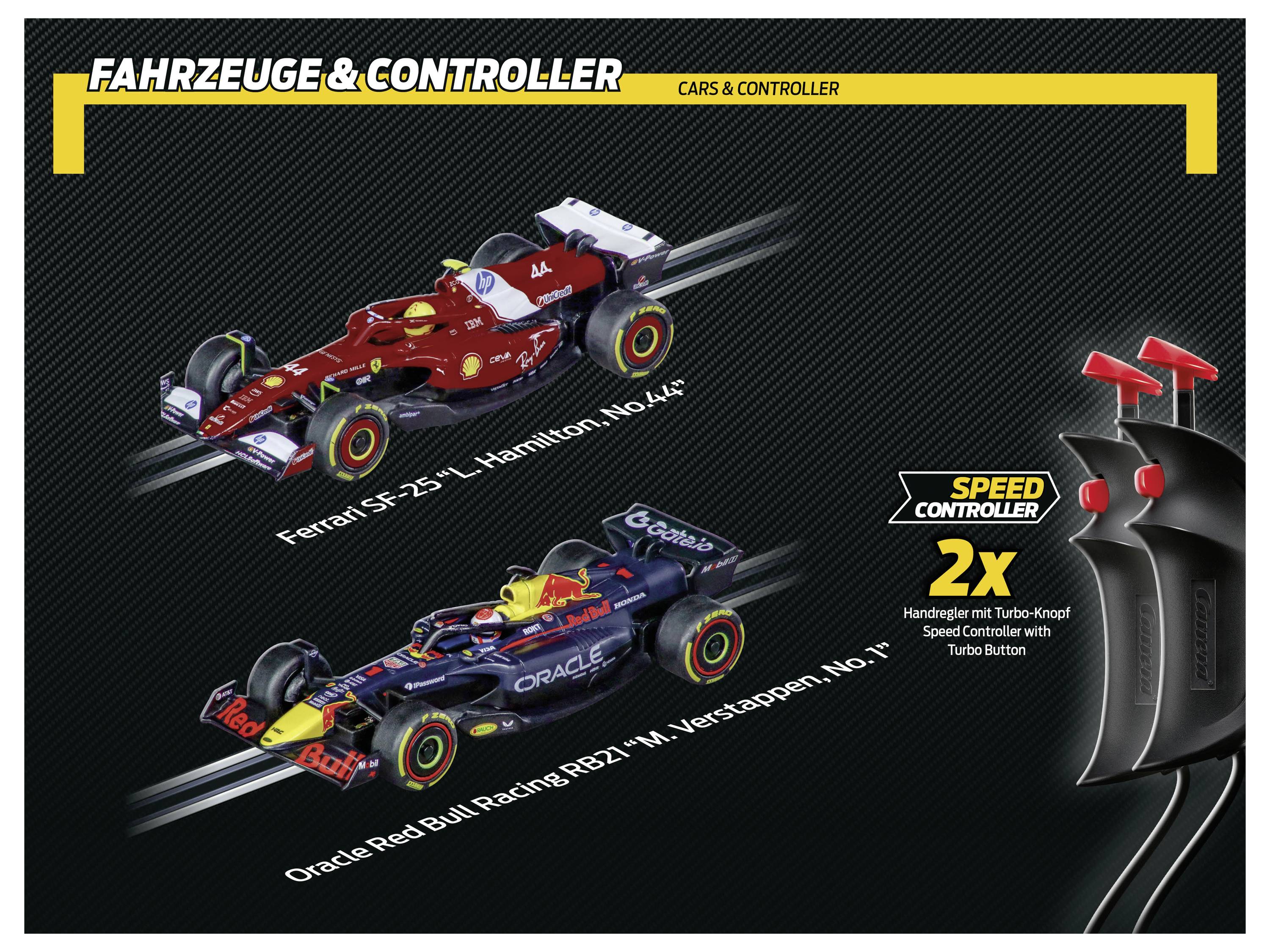 'Vozidla a ovladače: modely Ferrari SF-21 a Oracle Red Bull Racing RB21. Řadič rychlosti s turbo tlačítkem, 2x ruční ovladač.'