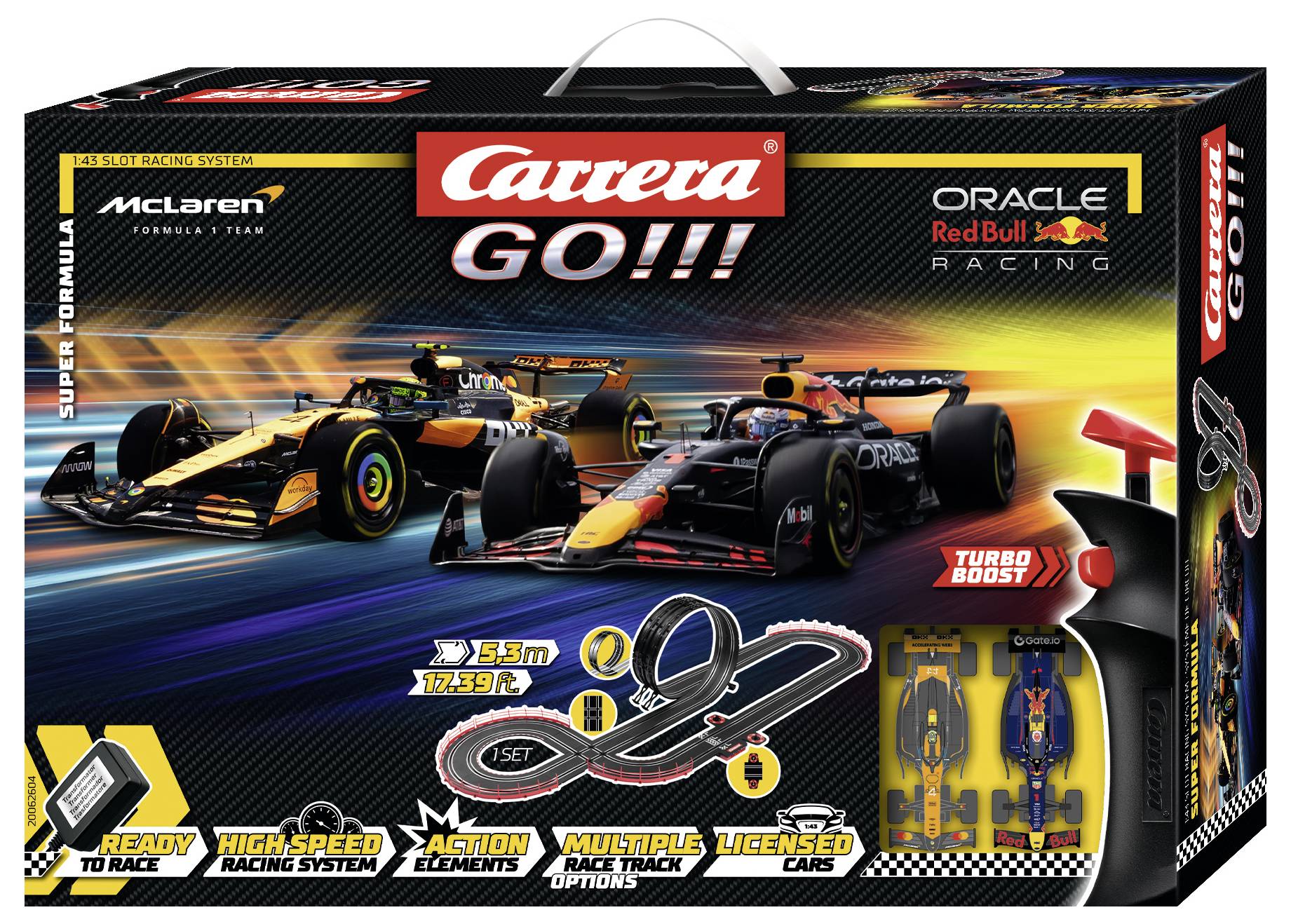 Sada autodráhy Carrera GO!!!' s krabicí zobrazující dva vozy Formule 1 týmů McLaren a Red Bull, s obrázkem tratě a funkcemi jako 'Turbo Boost'.