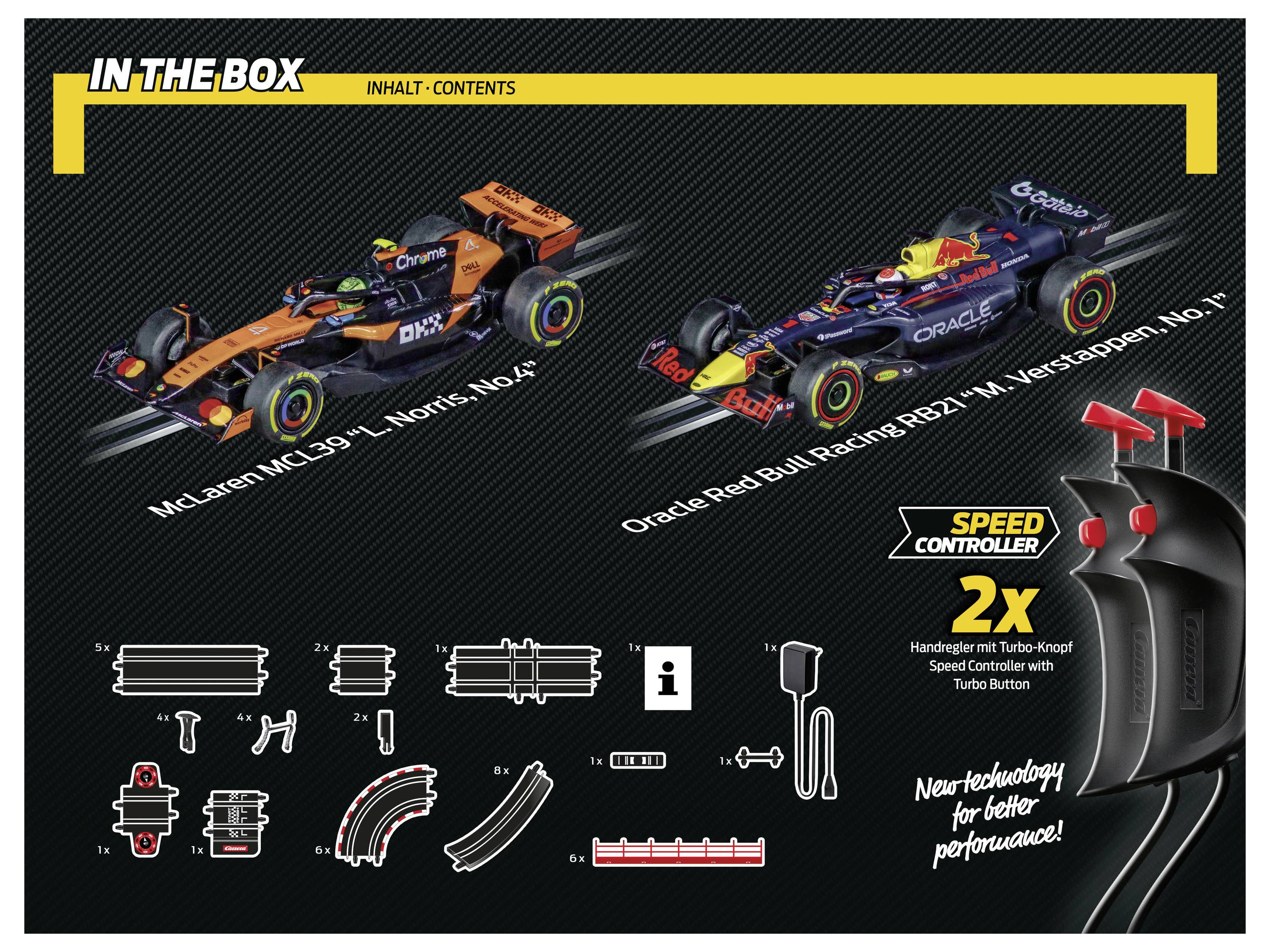 Obrázek 'In the Box' zobrazující dva modelové závodní vozy: McLaren MCL 35M a Red Bull Racing RB16B. Obsahuje montážní díly a ovladač rychlosti.