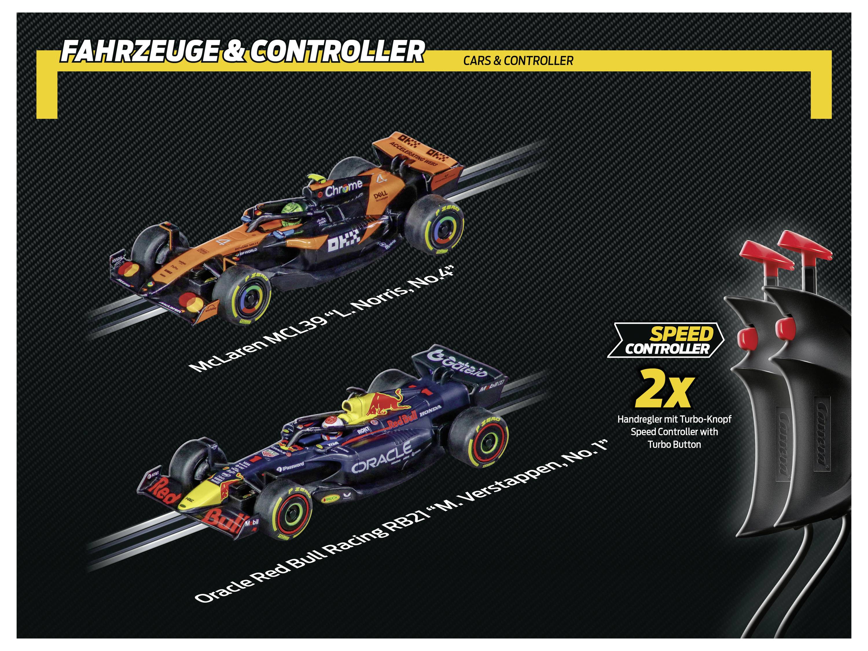 Dva hračkářské závodní vozy jsou vystaveny s ovladačem. Vozy jsou označeny štítky 'McLaren MCL36 L. Norris, č. 4' a 'Oracle Red Bull Racing RB12 H. Verstappen, č. 1', zvýrazněné pro funkci rychlosti.