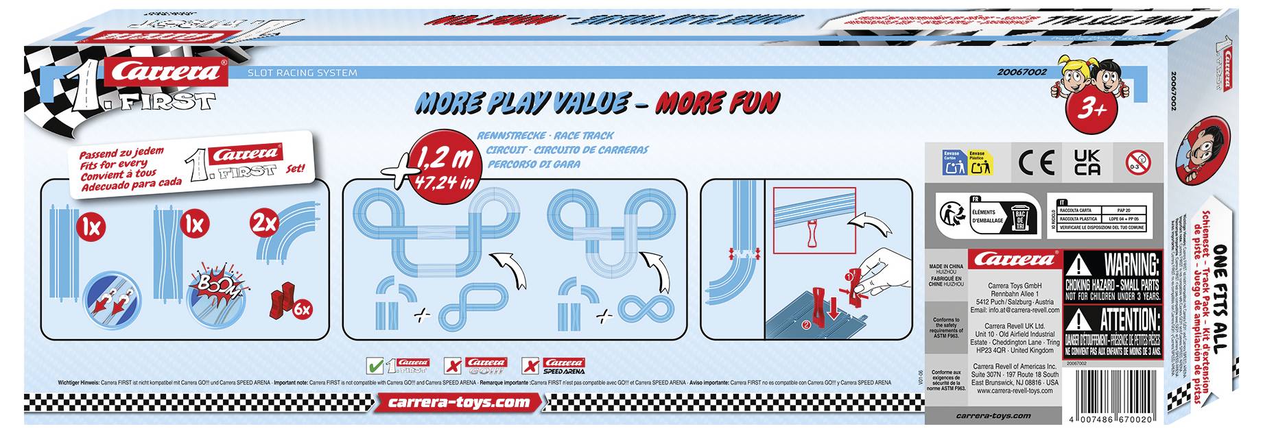Krabice s Carrera First Sadou pro Slot Car Racing, určená pro děti od 3 let, s ilustracemi tratí a možnostmi konfigurace.