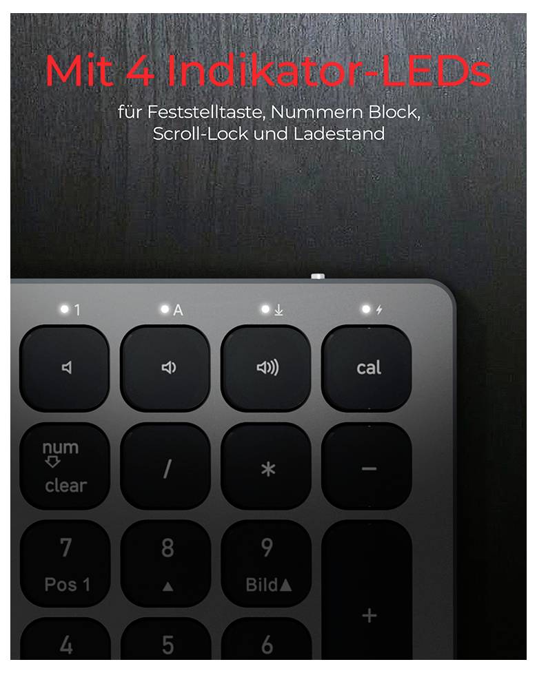 Klávesnice zobrazuje čtyři indikační LED diody, které ukazují stav pro klávesu Caps Lock, numerickou klávesnici, Scroll Lock a stav nabití.
