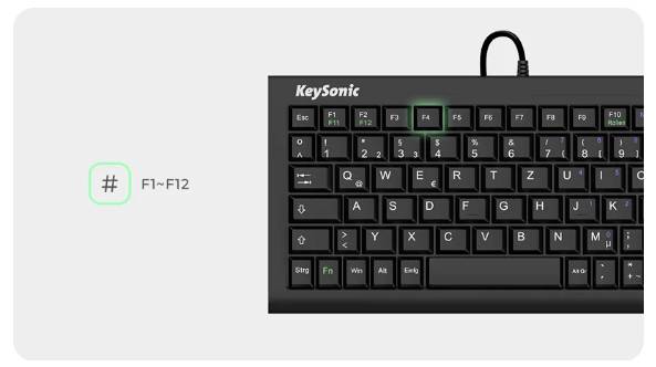 Klávesnice zobrazující zvýrazněnou klávesu F4, označenou jako 'KeySonic', s poznámkou na levé straně uvádějící rozsah funkčních kláves 'F1~F12'.