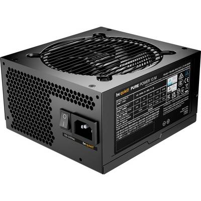 A buď zticha! Napájecí zdroj Pure Power 13 M s chladicím ventilátorem, vypínačem a štítkem s technickými specifikacemi a certifikacemi.