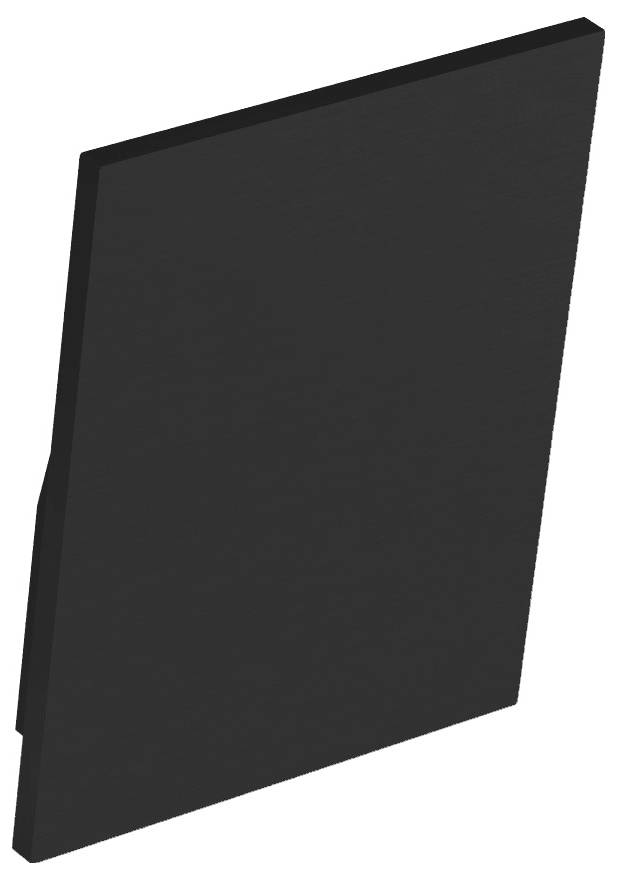 Obdélníkový černý předmět připomínající stojící list nebo desku viděný z úhlu na bílém pozadí.