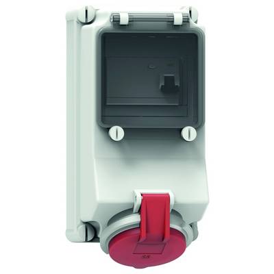 Průmyslový elektrický vypínač s červeným bezpečnostním krytem a šedým ochranným pouzdrem.