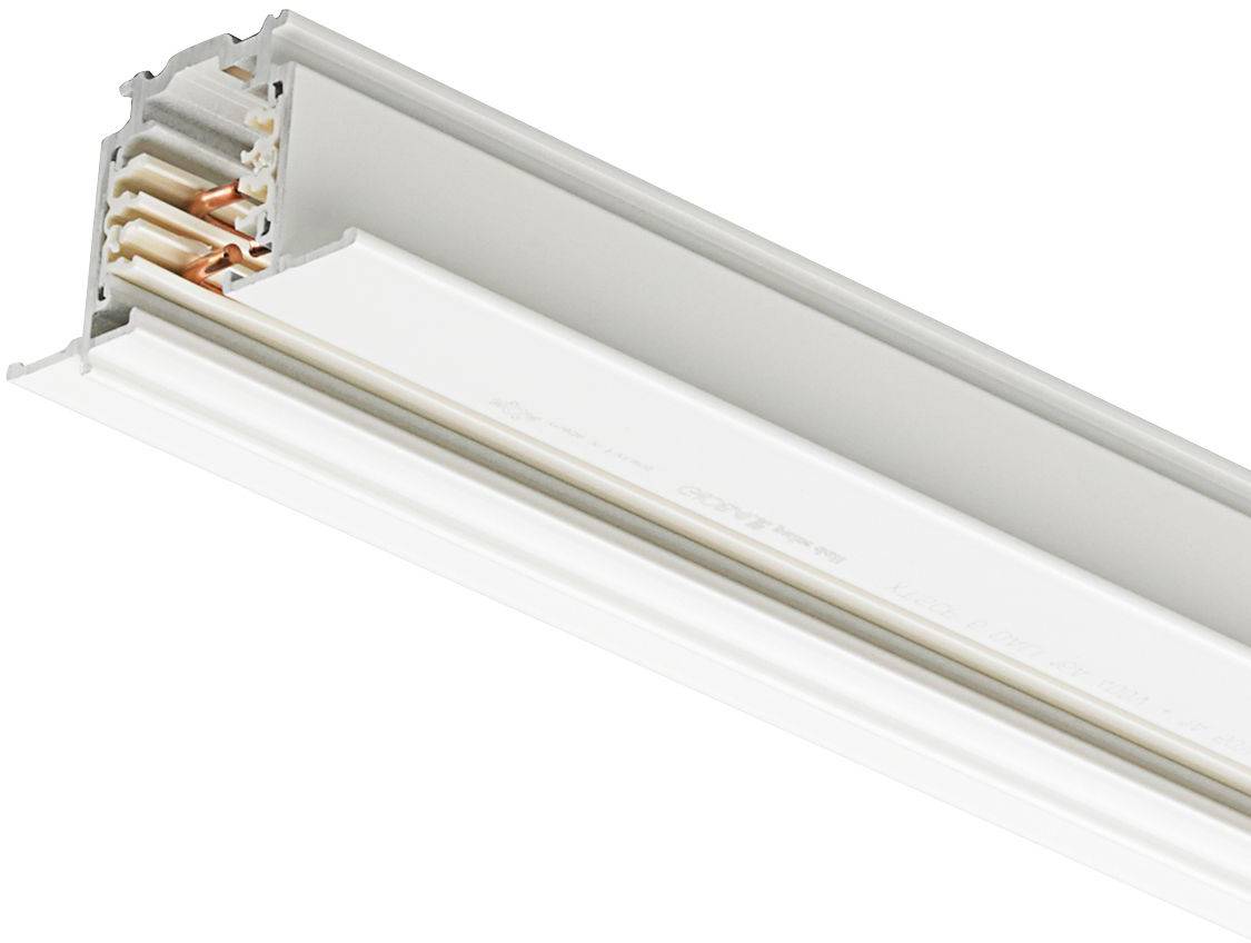 Odhalený řez bílou elektrickým stropní lištou pro stop-svítidla se zobrazeným vnitřním elektrickým vedením a měděnými vodiči.