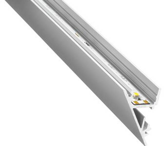 'LED profilové světlo s hliníkovým pouzdrem, boční pohled zobrazující vnitřní LED pásku a konektory, navržené pro vestavěné architektonické osvětlení.'