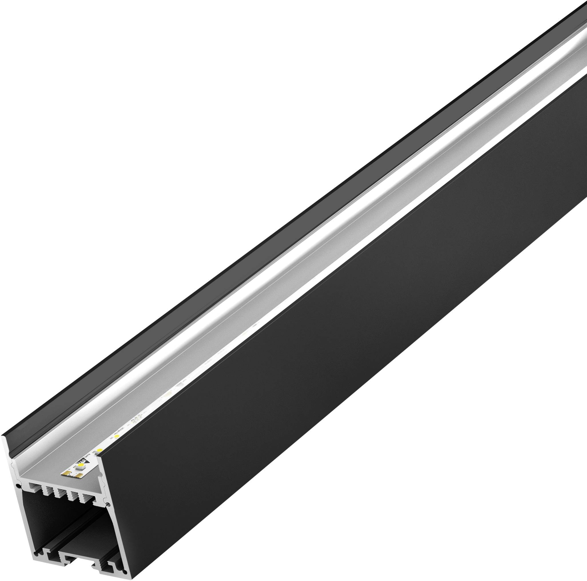 Extruzní kanál na LED z černého kovu s mléčným difuzorem, určený pro moderní lineární osvětlovací instalace.