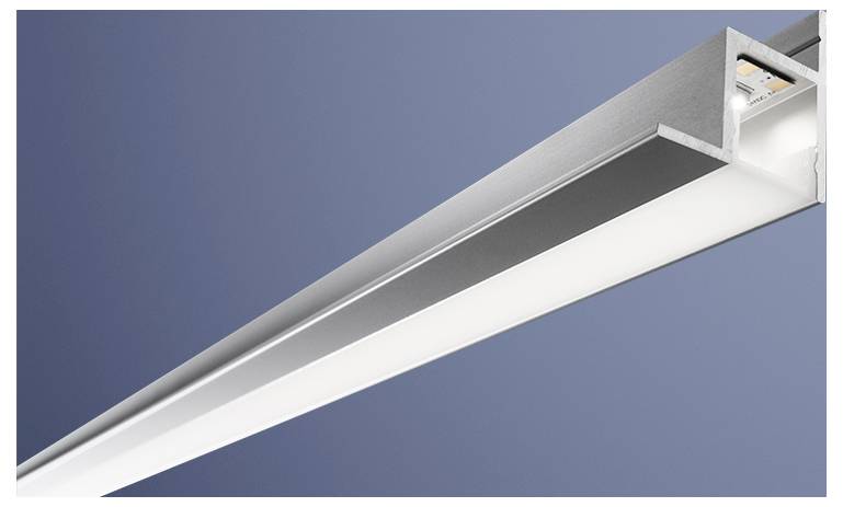Zápustný LED lineární svítidlo s minimalistickým designem, umístěné na modrém pozadí, které ukazuje jeho čistou a moderní estetiku.