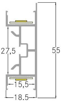 Diagram průřezu profilu s rozměry: výška 55, vnitřní výška 27,5, šířka 18,5 a centrální otvor 15,5.