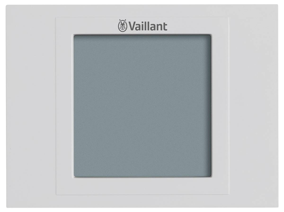 Bílý čtvercový rámeček termostatu s malým logem „Vaillant" v horní části. Centrální oblast je prázdná, což naznačuje, že neobsahuje konkrétní obsah displeje.