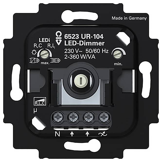LED stmívací spínač označený '6523 UR-104', 230V, 50/60 Hz, 2-360 W/A, obsahuje ovládací prvky pro nastavení a připojovací vodiče. Vyrobeno v Německu.