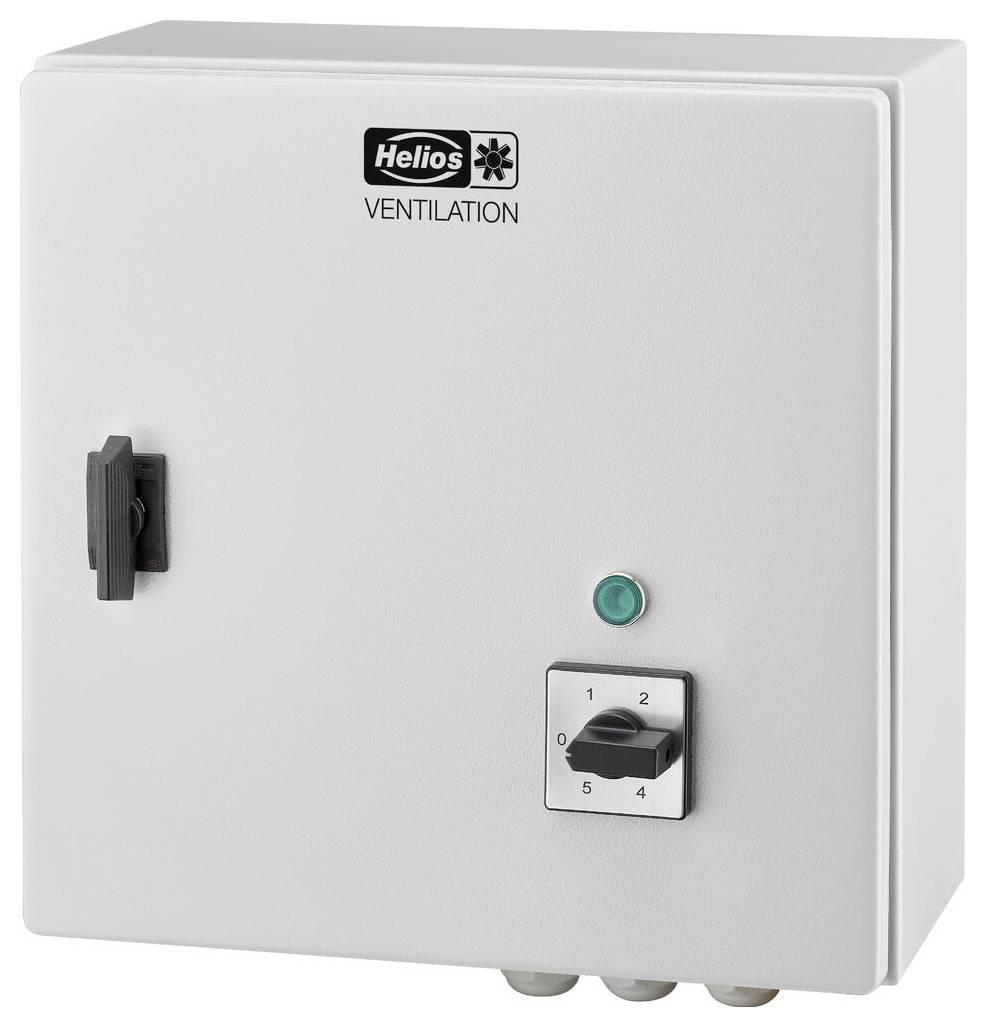 Ventilační ovládací box Helios se zvolištěm a zeleným tlačítkem, používaný pro správu nastavení ventilačního systému.