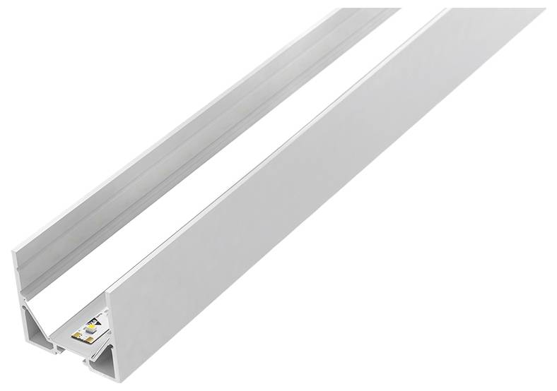 Hliníkový LED profilový kanál s čirým krytem, navržený k instalaci LED páskových světel, ukazující jeho dutý vnitřek a povrchovou úpravu.