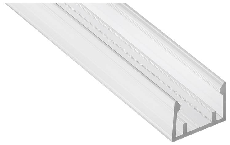 Hliníkový kanál pro instalaci LED pásku s mléčným difuzorem a drážkou pro připevňovací závorku pro hladkou distribuci světla a bezpečné připevnění.