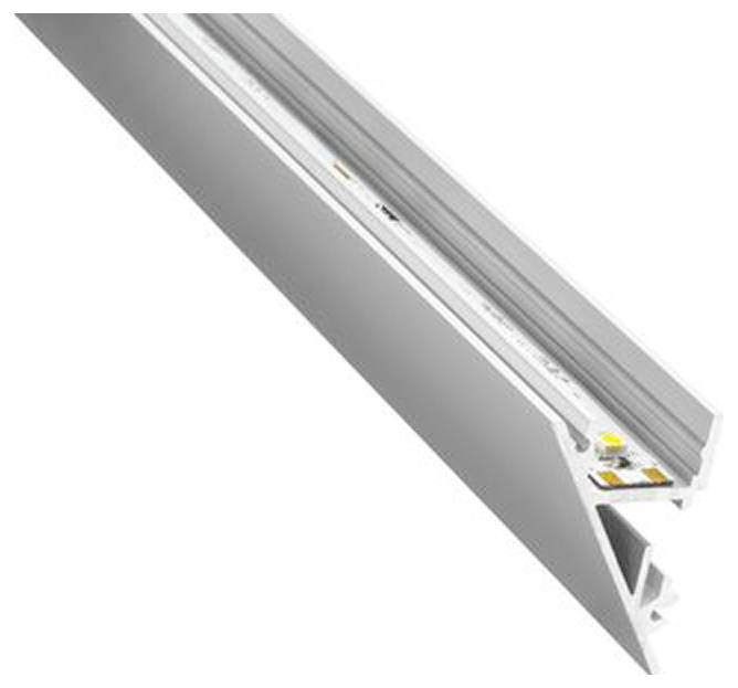 Úhlovaný hliníkový LED osvětlovací prvek s difuzorem, který vykazuje elegantní design a integrovaný LED pás viditelný podél vnitřku.