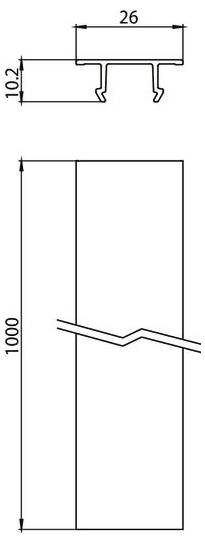 Příčný řez a pohled na úzký obdélníkový panel nebo profil, označený 26 mm šířka, 10,2 mm výška a 1000 mm délka, s diagonálním zlomem značícím vynechanou délku.