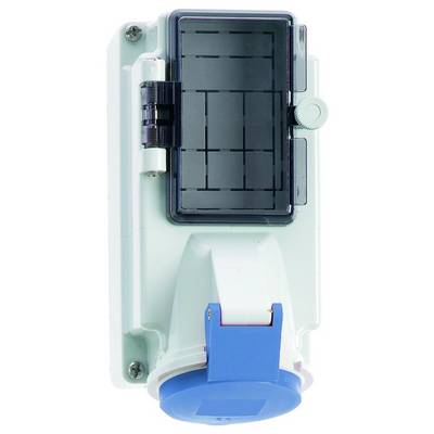 Průmyslová elektrická zásuvka uzavřená v obdélníkovém bílém pouzdře s tmavým průhledným krytem a modrým uzamykacím mechanismem.