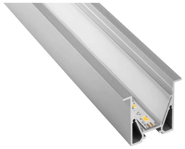 Hliníkový LED kanál ve tvaru V s matným krytem, vykazující vestavěný LED pásek, vhodný pro instalace rohového osvětlení.