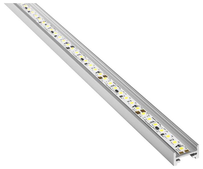 Lineární LED páska svítidla namontovaná na kovovém kanálu, vhodná pro zajištění rovnoměrného osvětlení v různých prostředích.