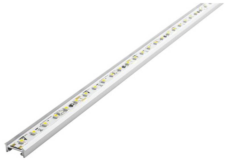Dlouhý LED pás umístěný v bílém hliníkovém profilu. Obsahuje více malých LED žárovek vyrovnaných v řadě, vhodný pro lineární osvětlovací aplikace.