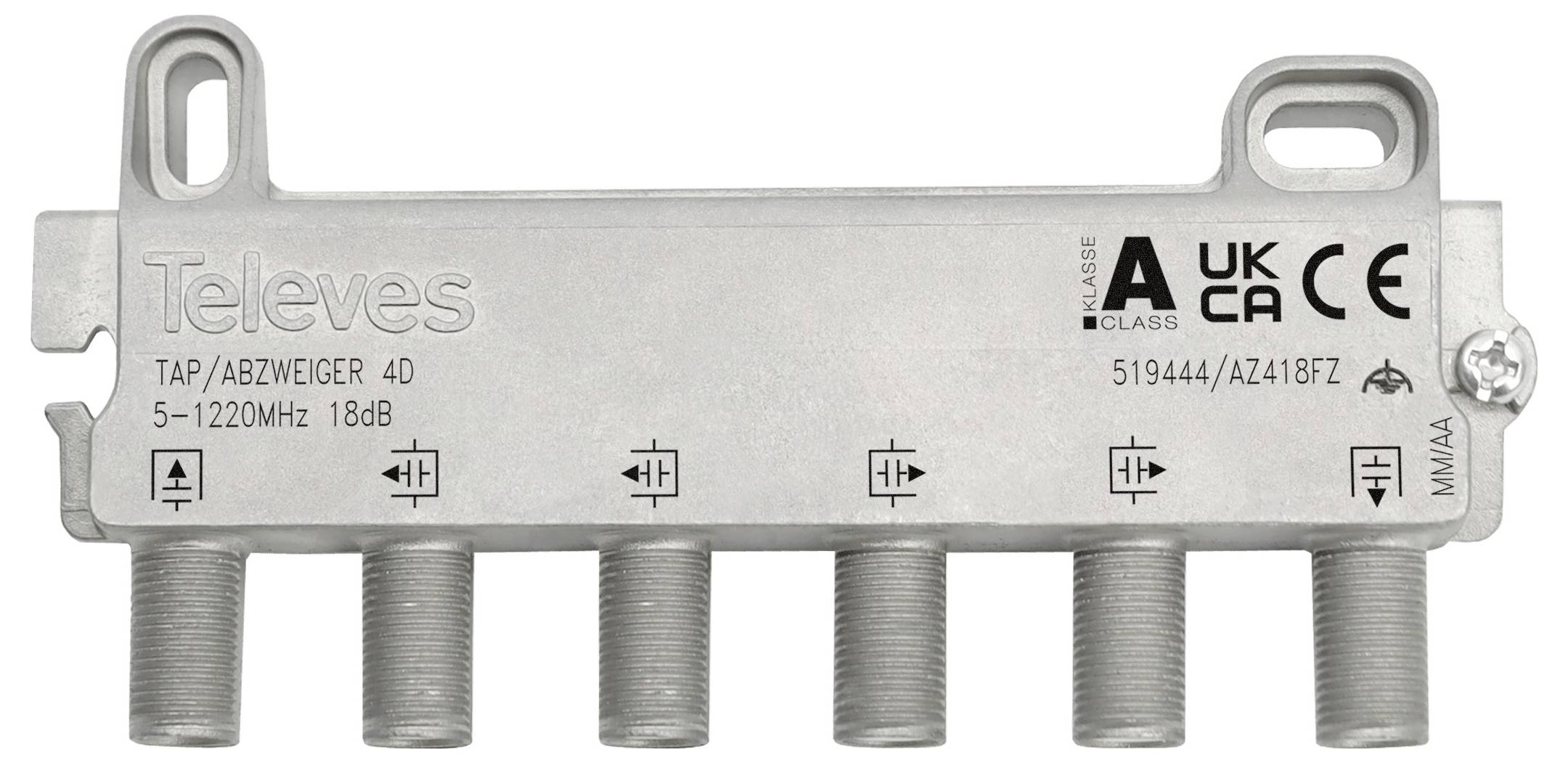 Kovový rozdělovač signálu označený "Televes TAP/ABZWEIGER 4D 5-1220MHz 18dB" se šesti koaxiálními konektory, značkami UKCA a třídy A.