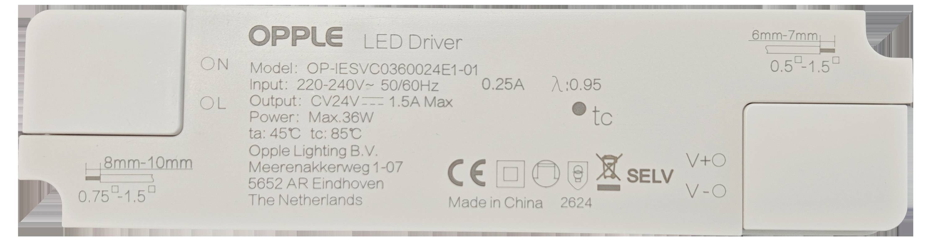 Ovladač LED Opple, Model OP-ESY000320E15-01, Vstup: 220-240V, 50/60Hz, 0,25A; Výstup: C/V42V, 1,5A Max; Výkon: Max 36W; Teplota: Max 45°C.