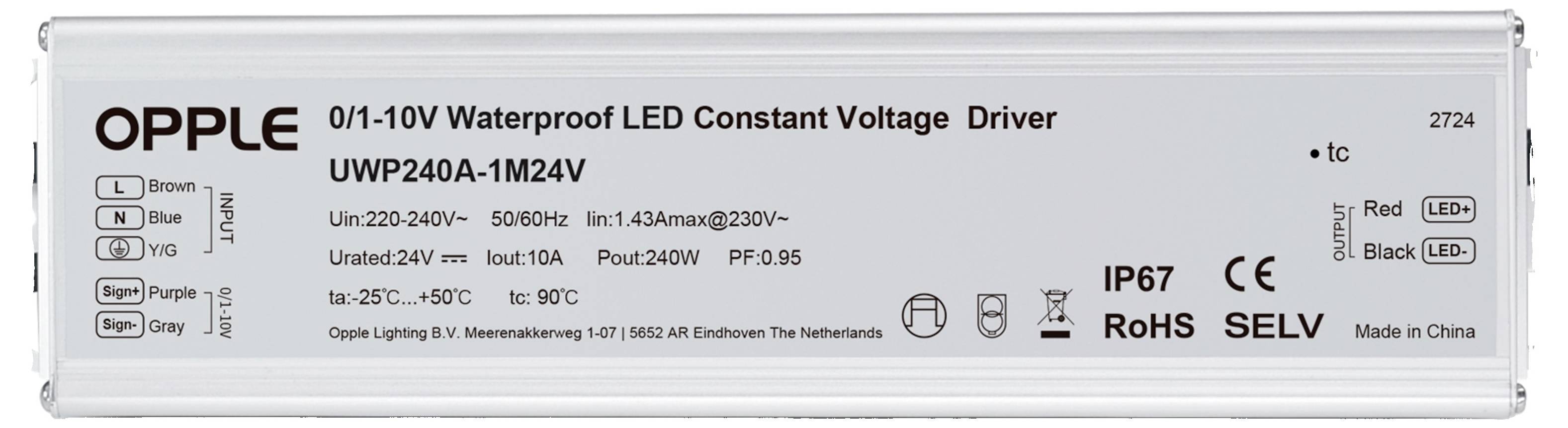 Opple LED Driver UWP240A-1M24V, 0/1-10V vodotěsný, vstup: 220-240V, výstup: 24V, 240W, IP67, RoHS, certifikace SelV, teplotní rozsah: -25°C až 90°C.