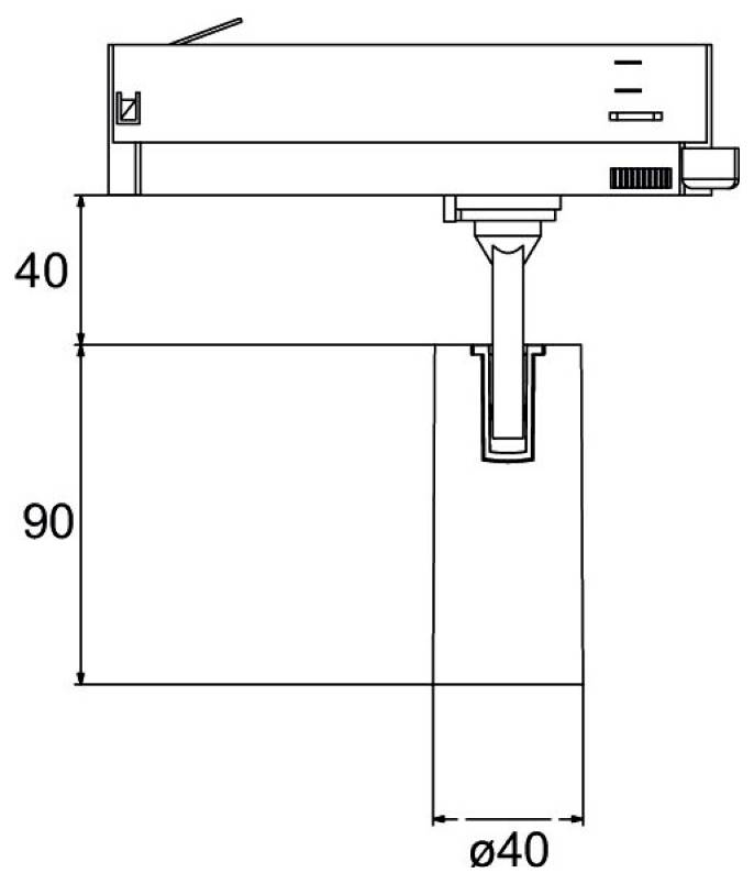 Technický diagram zařízenímonovaného do válcového otvoru se zobrazením rozměrů 40 a 90 a průměrem 40 mm (Ø40) pro instalaci.