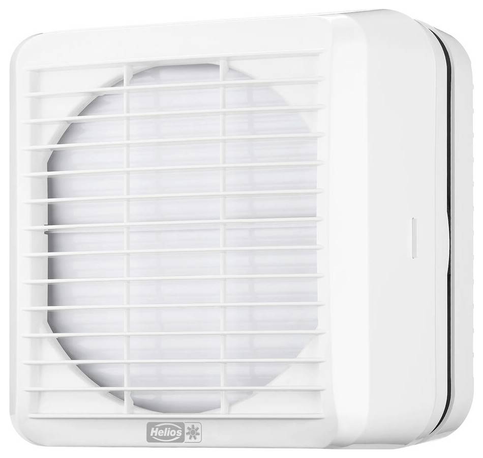 Bílý čtvercový nástěnný odsávací ventilátor s vodorovnými lamely, navržený pro větrání v domácích nebo komerčních prostorech.