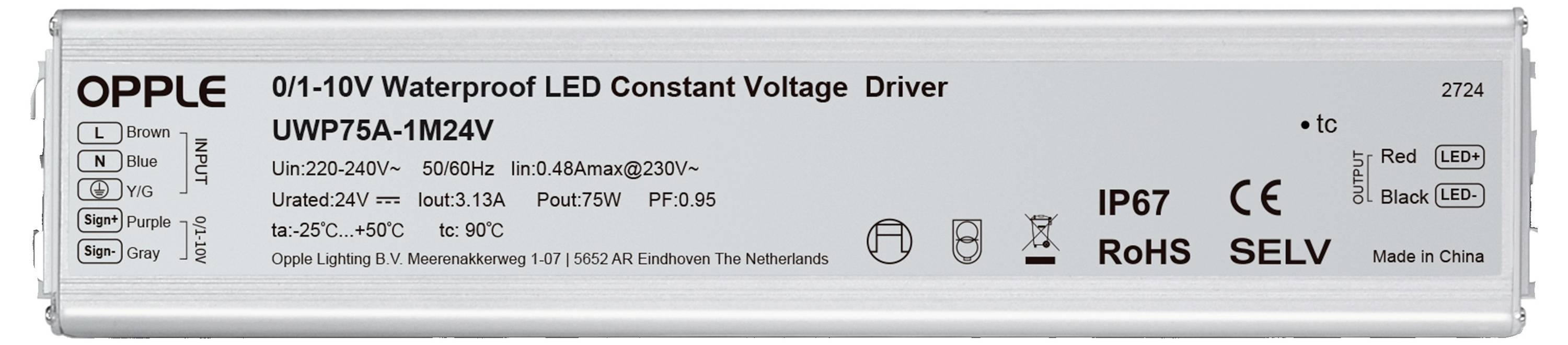 'OPPLE 01-10V Voděodolný LED Driver s konstantním napětím UWP75A-1M24V' se specifikacemi jako IP67, RoHS, SELV.