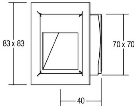 Technický diagram nástěnného vypínače ukazující rozměry zepředu a ze strany: čelní plocha 83 x 83 mm, vnitřní rozměr 70 x 70 mm, hloubka 40 mm.