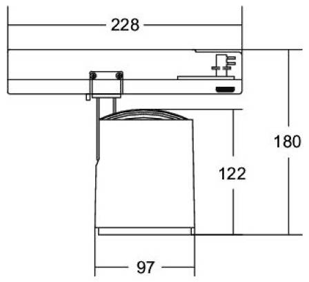 Technický výkres zařízení s šířkou horní části 228 mm, celkovou výškou 180 mm, výškou součásti 122 mm a šířkou základny 97 mm.